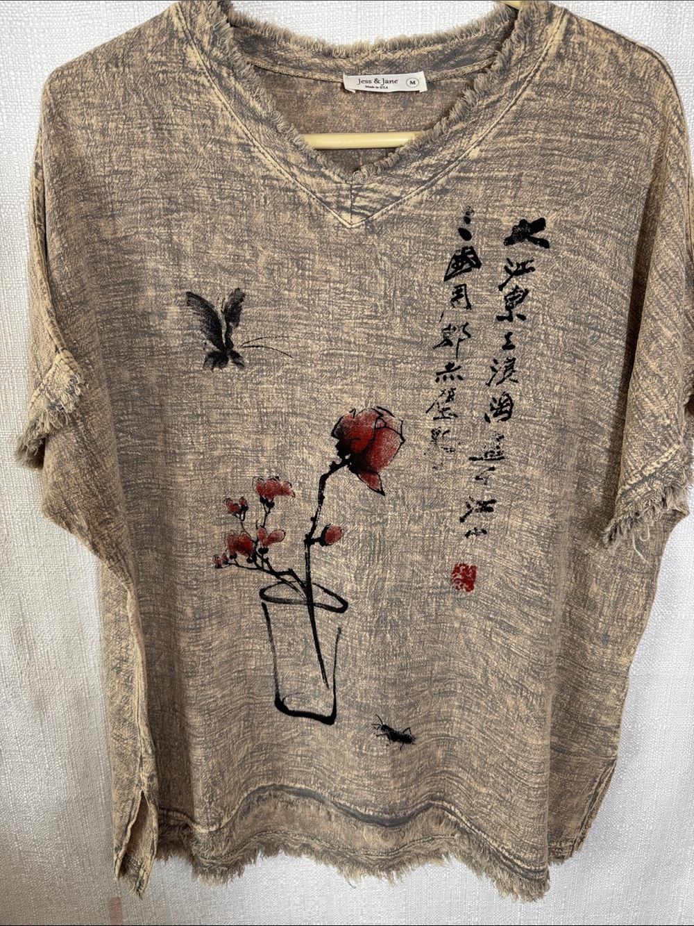 Jess & Jane Textured Cotton Artsy Top Boho Lagenlook Floral Tee EUC Size M